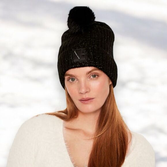 VICTORIA’S SECRET Women’s Ribbed Knit Metallic Pom Beanie Hat - Picture 2 of 6